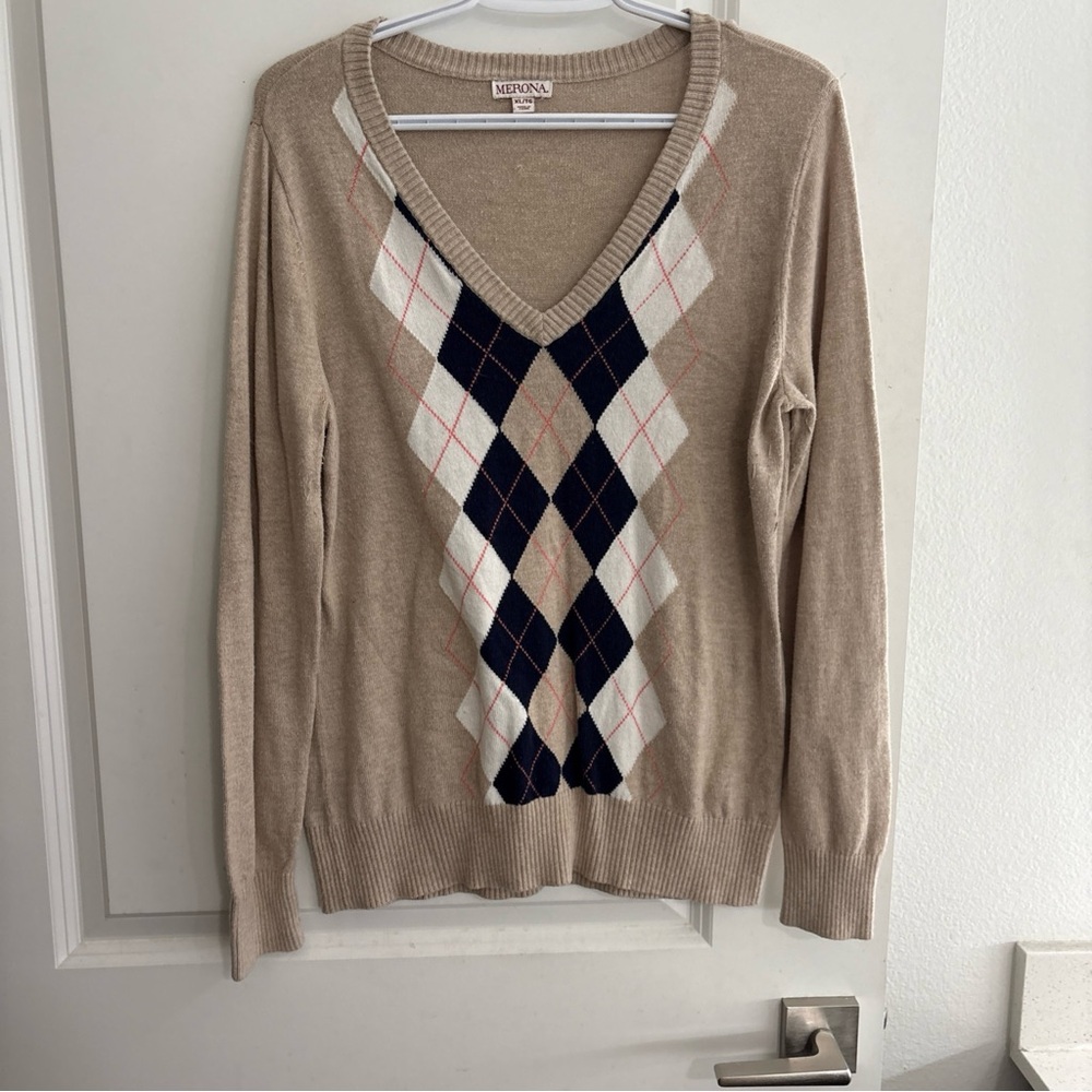 MERONA Vintage Cotton Sweater Tan Beige Dark Blue Argyle Long Sleeve Size XL